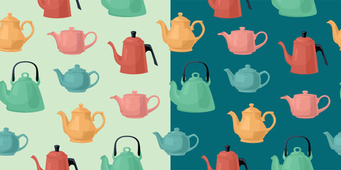 Pattern of colored teapots. Vector image.