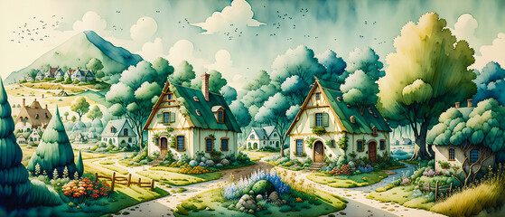 Fototapeta premium Charming Abodes: Watercolor Countryside Landscape with Old Houses Amidst Nature.