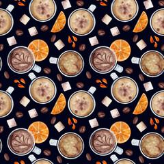 Watercolor hand drawn seamless pattern with coffee cups, beans, sugar cubes, orange slices, juice drops. Isolated on dark background For invitations, cafe, restaurant food menu, print, website, cards