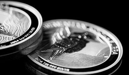 Close up of  Silver Bullion Coin on a black mirror background