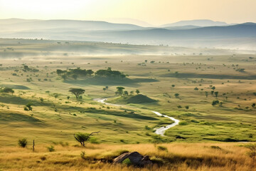 Fototapeta na wymiar The Serengeti National Park Tanzania top view in the morn. Generative AI