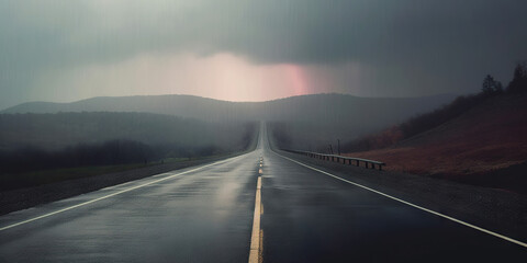 Minimalistic wet road and rain. Wet empty highway. Generative AI - obrazy, fototapety, plakaty