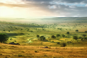 The Serengeti National Park Tanzania top view in the morn. Generative AI - obrazy, fototapety, plakaty