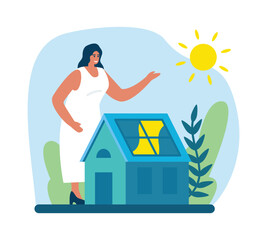 Smiling cartoon woman charges her house with solar panels. Usage of renewable sources of energy. Natural resource conservation. Clean sustainable electricity. Vector