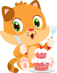 Cute Baby Cat Cartoon Character Is Looking At A Cake With A Knife And Fork. Vector Illustration Flat Design Isolated On Transparent Background