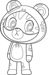Outlined Cute Baby Cat Cartoon Character In Frog Costume. Vector Hand Drawn Illustration Isolated On Transparent Background
