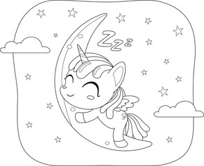 Obraz premium Outlined Cute Magical Baby Unicorn Cartoon Character Sleeping On Moon. Vector Hand Drawn Illustration Isolated On Transparent Background