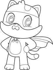 Outlined Cute Baby Cat Cartoon Character Super Hero. Vector Hand Drawn Illustration Isolated On Transparent Background