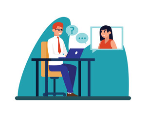 Smiling red haired cartoon guy doing online interview on his laptop. Process of selecting resumes and employment interviewing. Human resource management. Vector