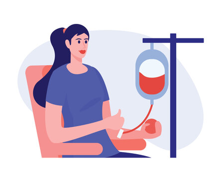 Smiling woman donating blood and showing thumb up gesture in hospital. Process of dealing with blood or plasma donation in modern clinic. Charity and healthcare. Vector