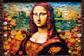 The Mona Lisa comes alive in a culinary masterpiece, her image created with colorful pasta dough, a fusion of art and gastronomy illustration generative ai