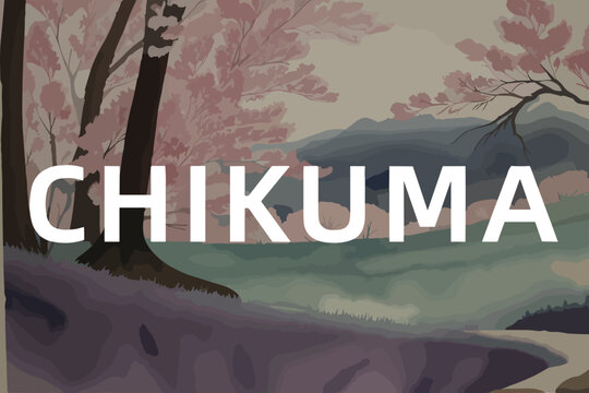 Beautiful watercolor painting of a Japanese scene with the name Chikuma in Nagano