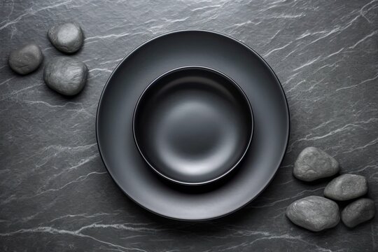 Black stone surface with empty plate. Copy space background. Generative AI