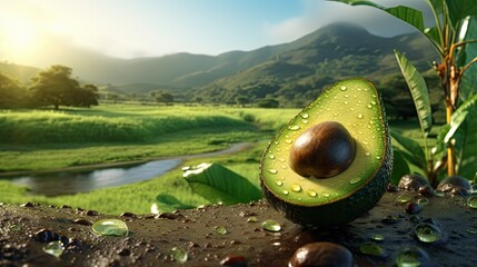 Avocado fresh fruit in the landscape background. Generative AI