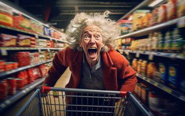 old housewife woman runs through the aisles of a supermarket with his shopping trolley