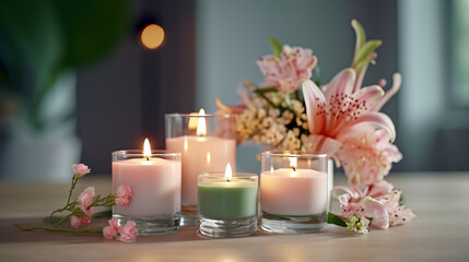 Candle and flower,spa background on cozy background