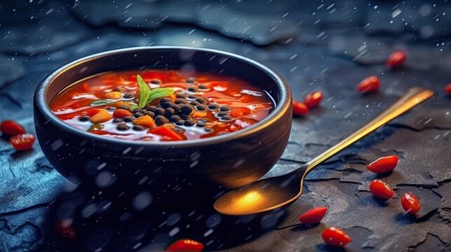 Lentil soup vegetarian meal on dark background. Generative AI