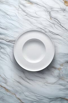 Stone surface with empty white plate. Background with stone pattern. Generative AI