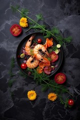 Fried shrimp meal on black stone surface background. Generative AI
