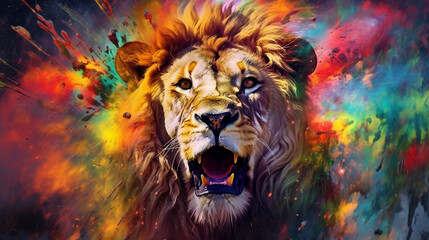 Lion among explosions of multi colored paint. Multicolored fluid. AI Generative.