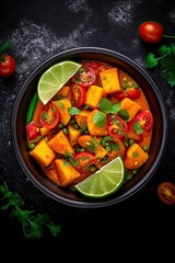 Sweet potato curry vegetarian dish on black stone surface background. Generative AI