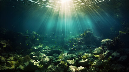 Fototapeta na wymiar Underwater sunlight through the water surface seen from a rocky seabed with algae. Generative AI