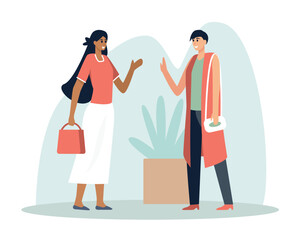 Multinational cartoon couple feeling happy when meeting. Friends spending time together. Human communication and behavior. Bonding relationships between people. Vector