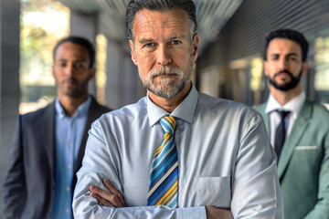 Group of three modern business men of different age and ethnicity looking seriously at camera -...