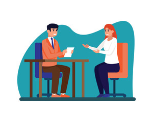 Cartoon HR department manager conducting interview with job seeker. Working in recruitment agency. Headhunting business representatives. Vector illustration