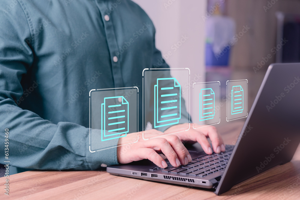 Aufkleber Document management concept with icons on ERP virtual screen. Employee typing on a computer keyboard checking documents in office. Online documentation database to efficiently manage files.