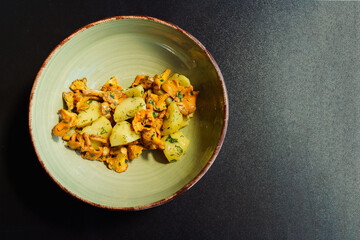 Top view of a bowl with fried chanterelles, boiled potatoes and parsley and dill. Fresh vegetarian lunch with organic, seasonal, local produce