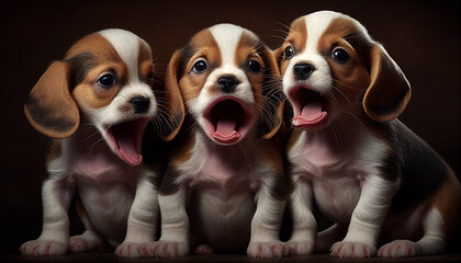 Set of beagle puppies, Puppy Beagles yawned and showed their tongues, Generative AI