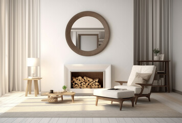 Living room with fireplace in white tones with Generative AI