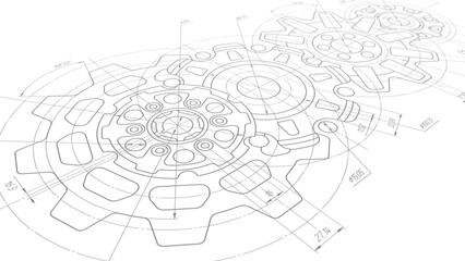 Technical drawing of gears .Rotating mechanism of round parts .Machine technology.illustration.