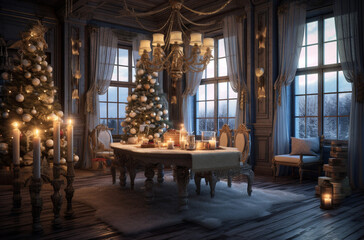 Obraz premium Living room decorated in Christmas style with Generative AI