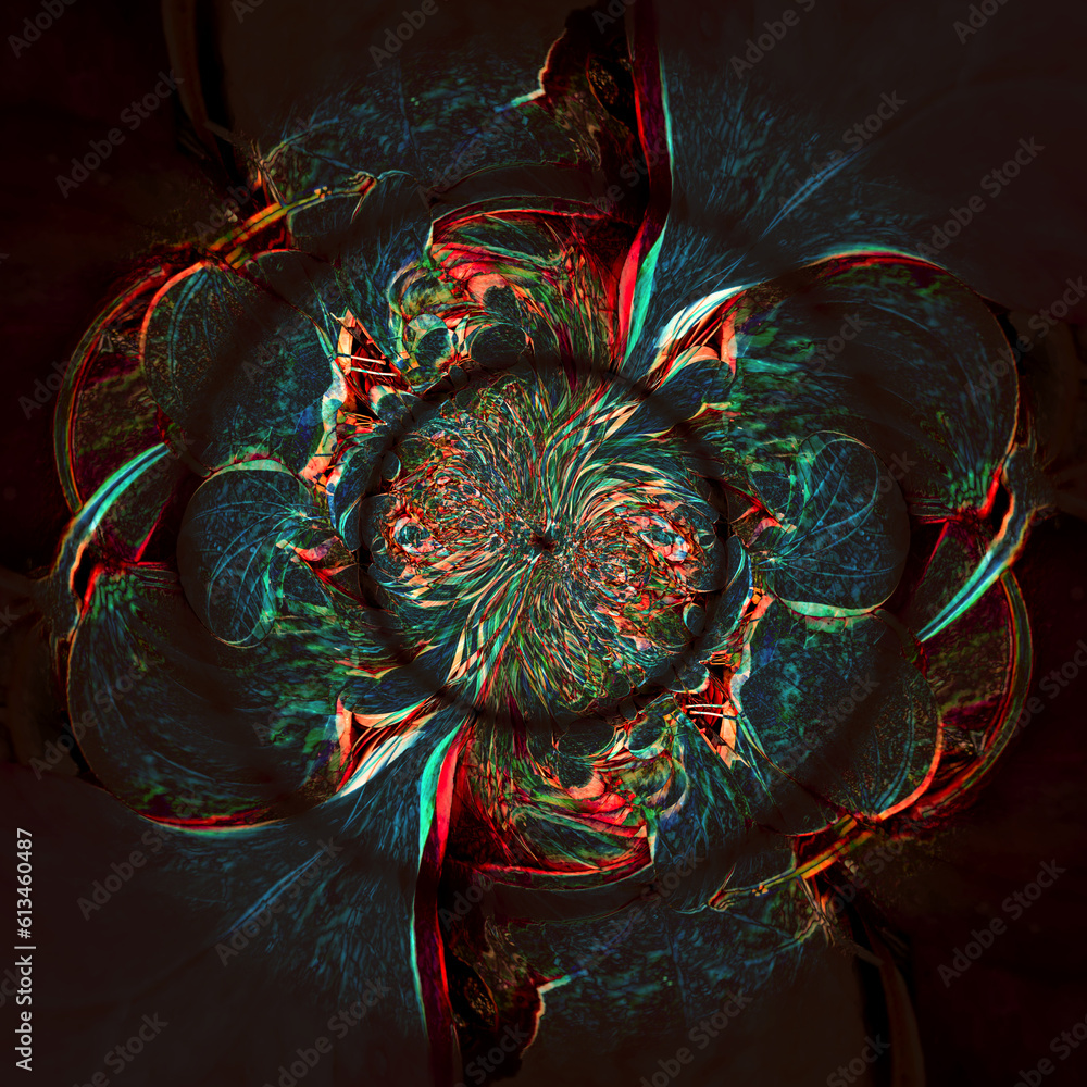 Poster colourful snake skin style ripple zigzag concentric patterned circles on a black background
