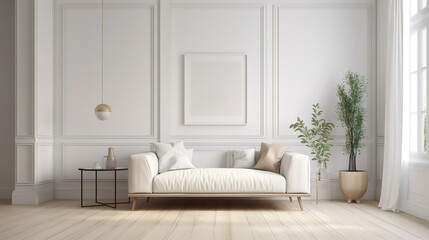 Fototapeta na wymiar Minimalist scandinavian look living room with wall frames. Created with Generative AI technology