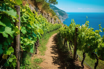 A hiking path winds through vineyards along the coast, offering stunning views of the brilliant blue sea, inviting exploration and the appreciation of scenic landscapes - obrazy, fototapety, plakaty