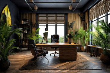 Office room in wood and nature style with Generative AI