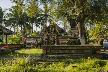 Balinese Hinduism temple architecture. Old traditional indonesian buildings in jungle, holly praying place