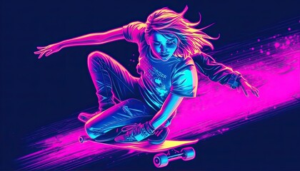 Retro futuristic graphic of a female skateboarding. Y2K style with Neon Vaporwave Nostalgia.
