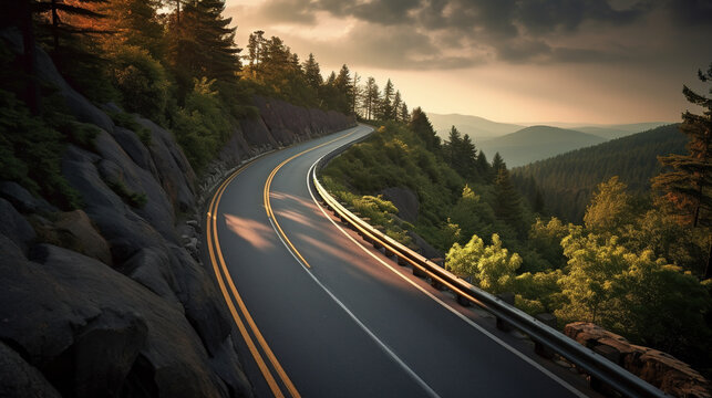 Mountain top road at sunrise in spring. Created with Generative AI technology