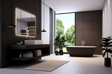 Sink and bathroom in dark modern style with Generative AI