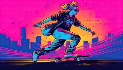 Retro futuristic graphic of a female skateboarding. Y2K style with Neon Vaporwave Nostalgia.