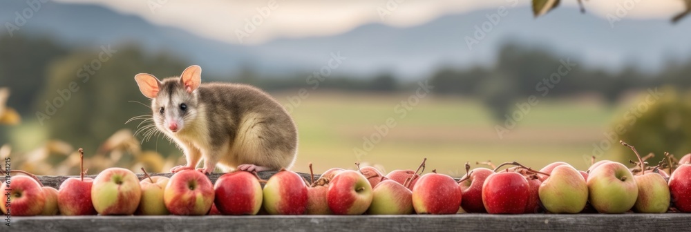 Poster a small rat sitting on top of a pile of apples. generative ai image.