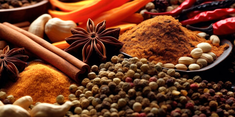 Sensory Temptations: Closeup of Spices and Foods Evoking Aromas. 