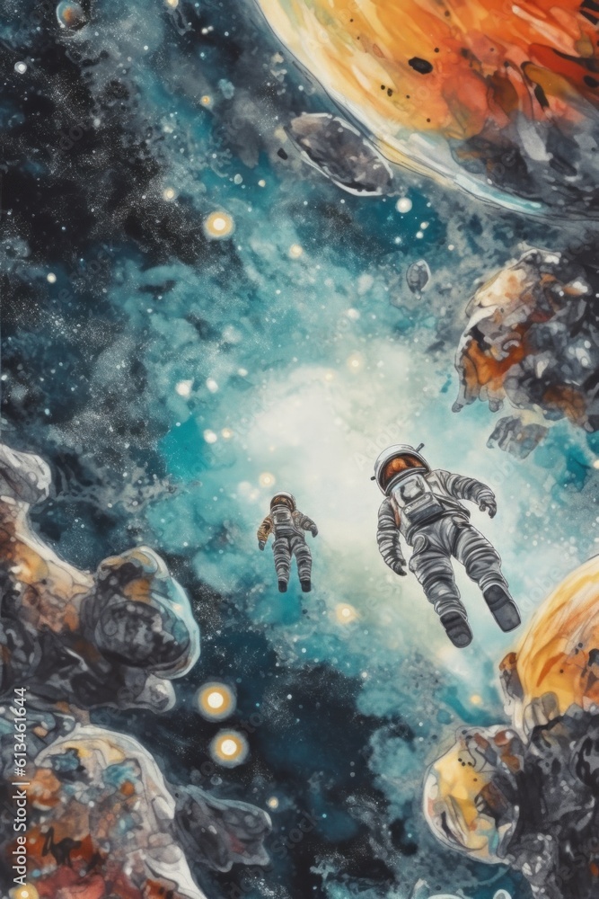 Aufkleber a painting of two astronauts in outer space. generative ai image.