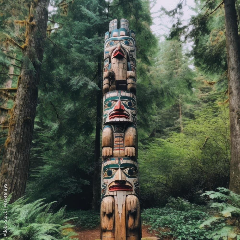 Poster a totem pole in the middle of a forest. generative ai image.