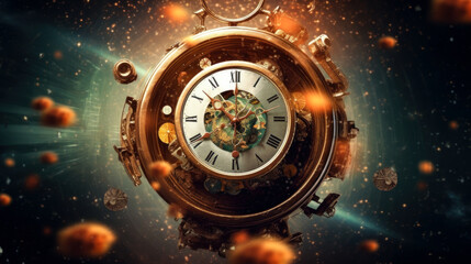 Celestial Timewarp: Clock in Space Showcasing Time's Infinite Reach. 