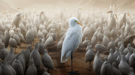 Obraz premium Contrasting Beauty: A White Bird Among Gray Birds. 